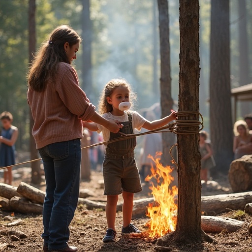 A historical festival scene. A mother secures her daughter to a pole. A fake fire burns below her. Other children are tied to poles nearby. Everyone is engaged in imaginative play. The atmosphere is bright and filled with excitement.