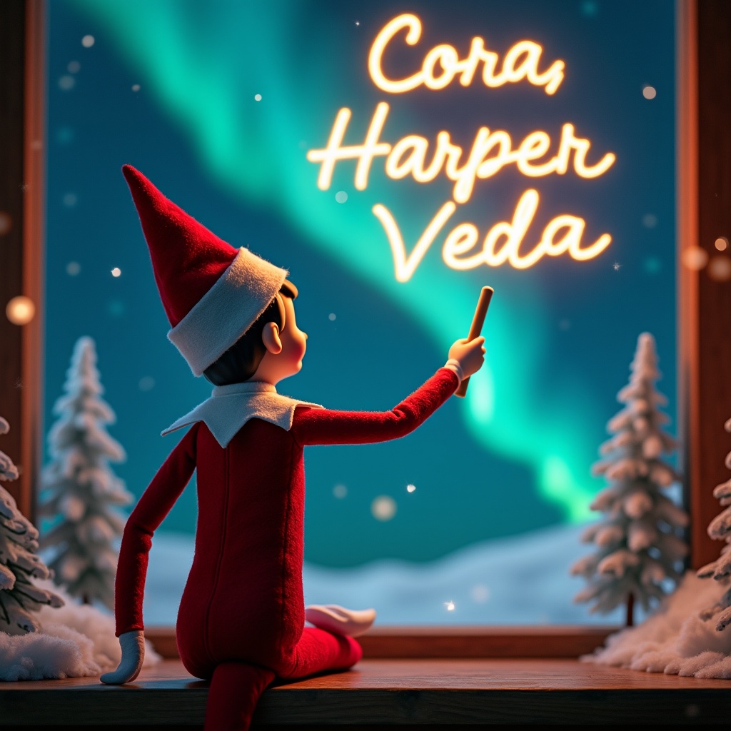 An enchanting Christmas scene featuring an elf on the shelf. The elf is dressed in red and white, with a magic wand in hand. He is facing a sky filled with vibrant northern lights. Above him, he writes the names 'Cora', 'Harper', and 'Veda' in glowing script. The scene is festive, showcasing the joy and magic of the holiday season. The elf's back is to the viewer, creating a sense of wonder and excitement. The overall ambiance captures the enchanting spirit of Christmas.