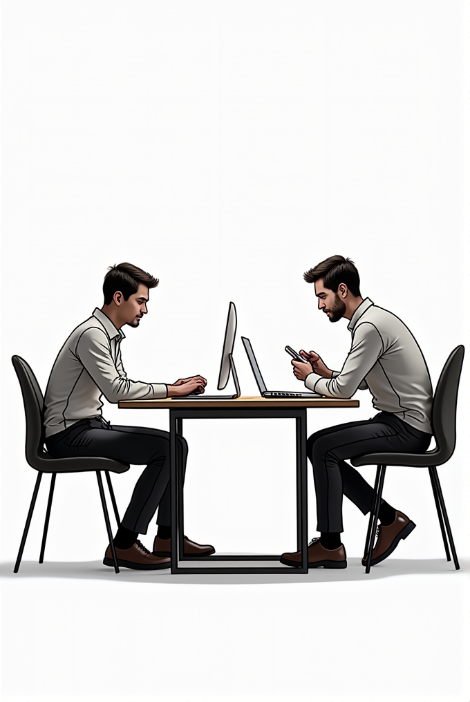 An illustration of two identical men sitting at a desk, one using a computer and the other a laptop, conveying a sense of duality and focus.