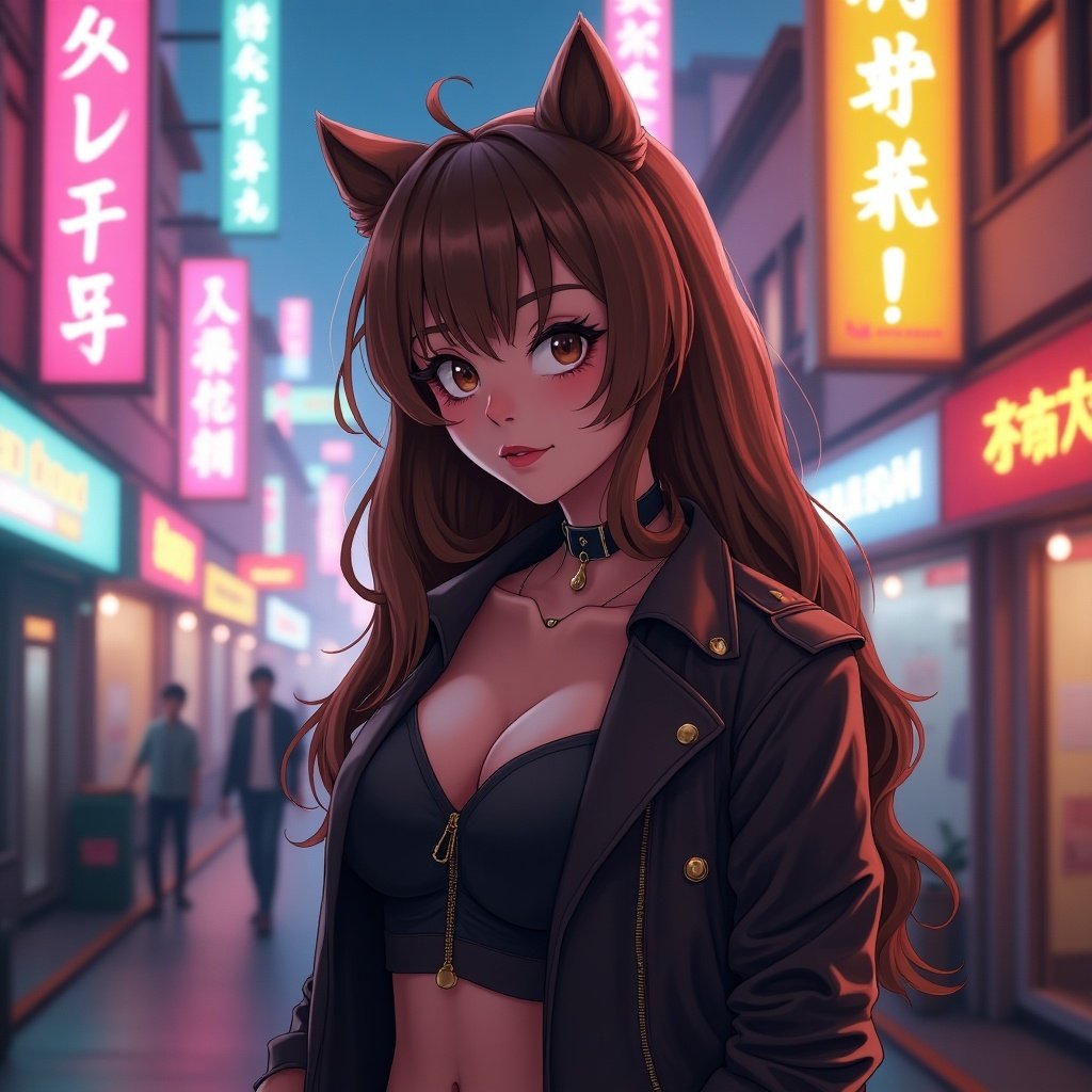 An Arcane character with brown hair styled in a modern fashion wearing a chic outfit in a neon-lit city milieu.