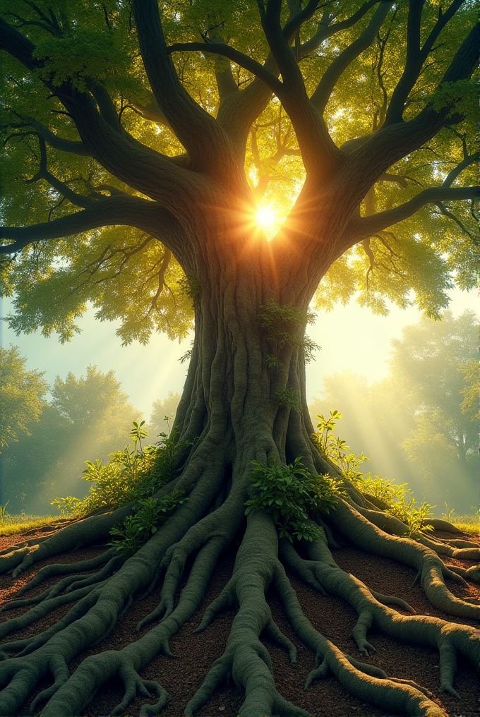 A massive, ancient tree with sprawling roots and lush green foliage illuminated by the soft glow of sunlight filtering through its branches.