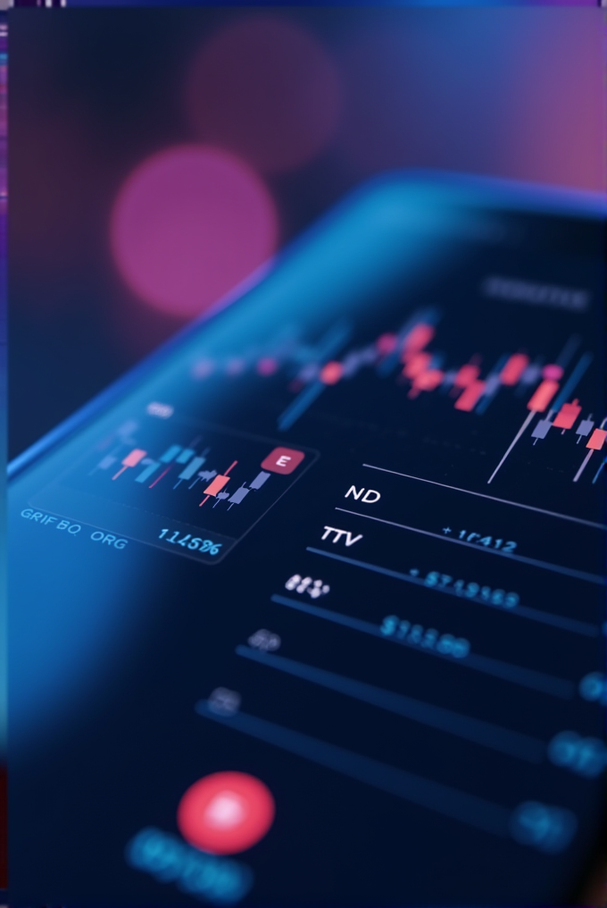 A close-up view of a digital device showing a stock market interface with candlestick charts and trading information displayed.