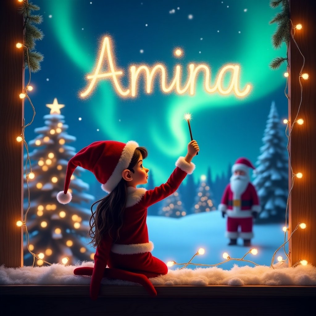 Enchanting scene captures girl elf on the shelf. Girl faces vibrant night sky. Wand writes 'Amina' in sparkling letters. Magical Christmas setting illuminated by northern lights. Snow-covered trees in the background. Santa Claus seen in the distance. Atmosphere filled with wonder and holiday magic. Twinkling lights add enchantment.