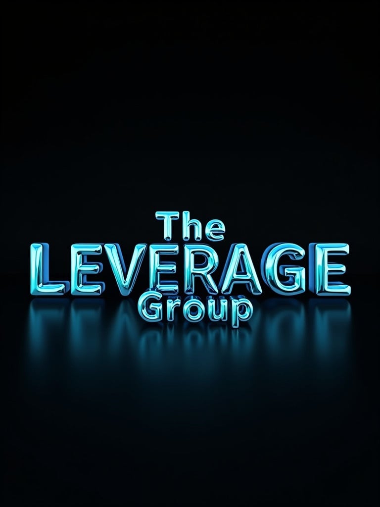 3D chrome letters form the words The Leverage Group. Letters are shiny reflecting blue teal light. Black background enhances the blue teal color.