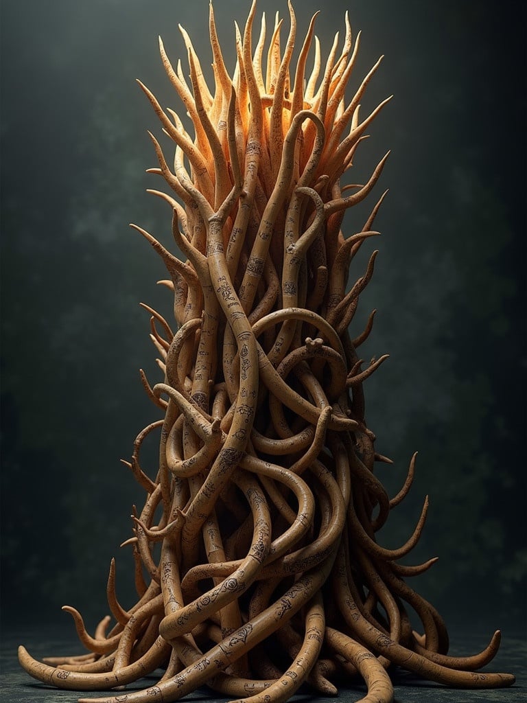 A towering crown made of spiraling wands. Each wand is unique in wood type and texture. Wands are polished and etched with glowing runes. Structure rises in a vortex-like shape. Dark, moody background enhances the mystical aura.