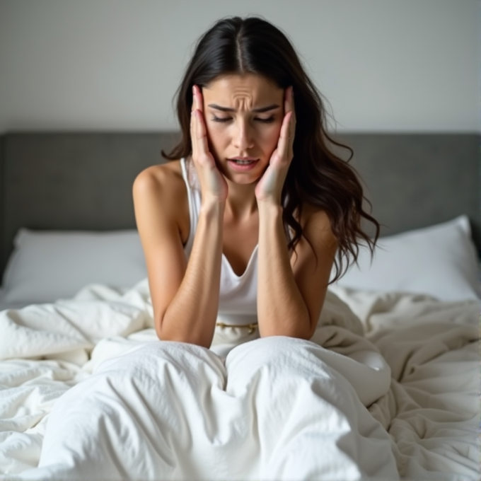 A woman sitting on a bed looks distressed, holding her head in her hands.