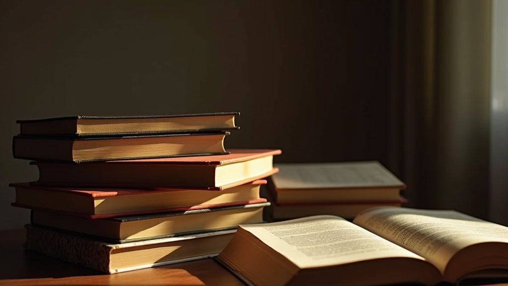 A stack of books sits on a wooden table, bathed in warm golden sunlight streaming through a window, casting soft shadows on the open pages in the foreground.