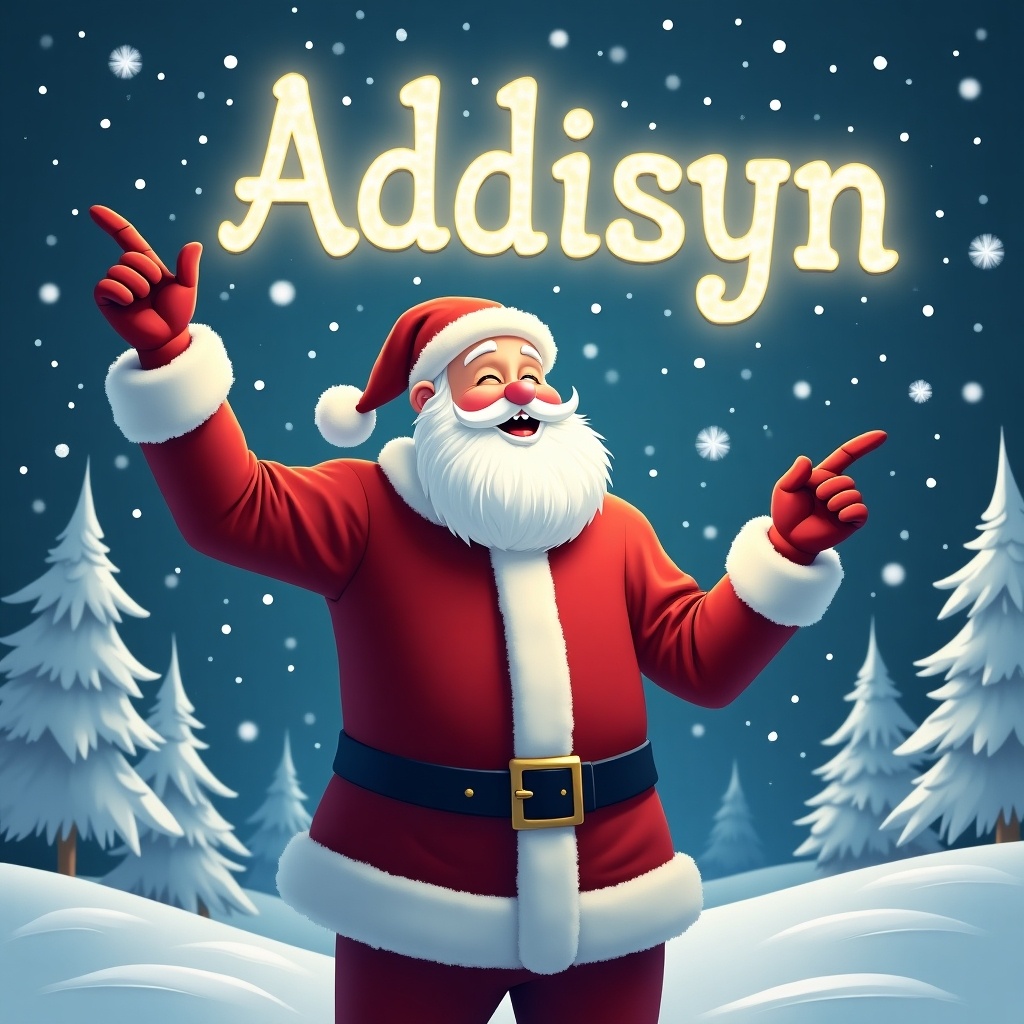 The image depicts a joyful Santa Claus standing in a winter wonderland. He is dressed in his traditional red suit with white trim and a matching hat. Santa is pointing upward as if he is magically writing a name in the sky. Snowflakes gently fall around him, adding to the festive atmosphere. In the sky, the name 'Addisyn' is written in bright, glowing letters. The background features snowy trees, enhancing the Christmas scene.