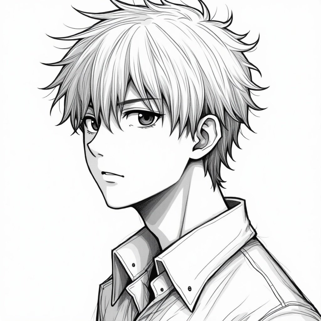 Manga male character sketch in black and white. Side profile view shows detailed hair and clothing.