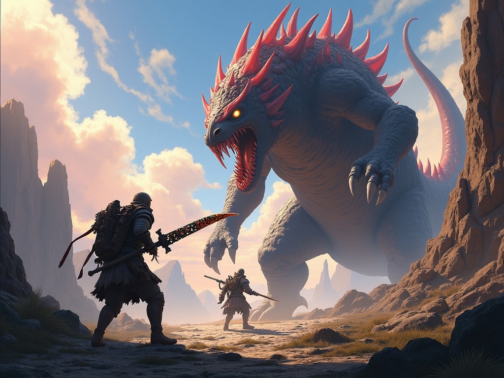 This is a stunning desktop background for the game Monster Hunter Outlanders. It features two hunters bravely confronting a massive monster in a fantastical landscape. The lighting is bright, enhancing the action scene as the hunters prepare for battle. One hunter is wielding a large sword, showcasing intricate details, while the other is ready with a unique weapon. The monster is depicted with fierce expressions, emphasizing its power. The background includes vibrant skies and rugged cliffs, creating an epic atmosphere for fans of the franchise.