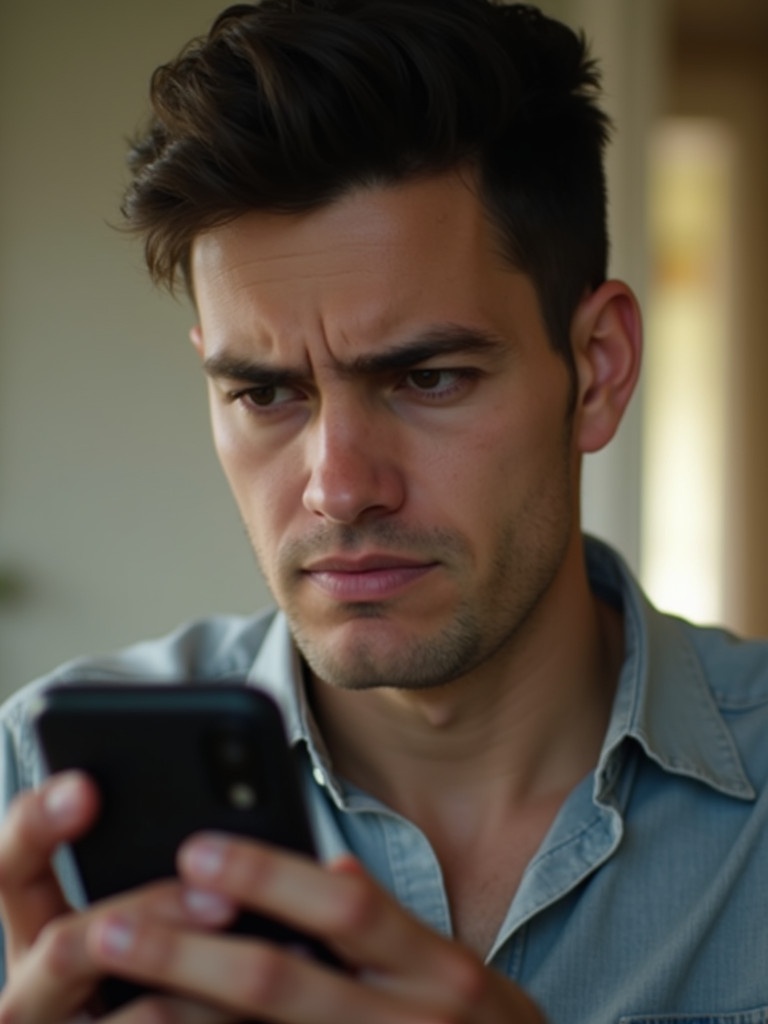 Young man stares intently at smartphone. He shows signs of concentration and possible frustration. Soft, natural side lighting enhances his features. Casual denim shirt provides a relaxed look.