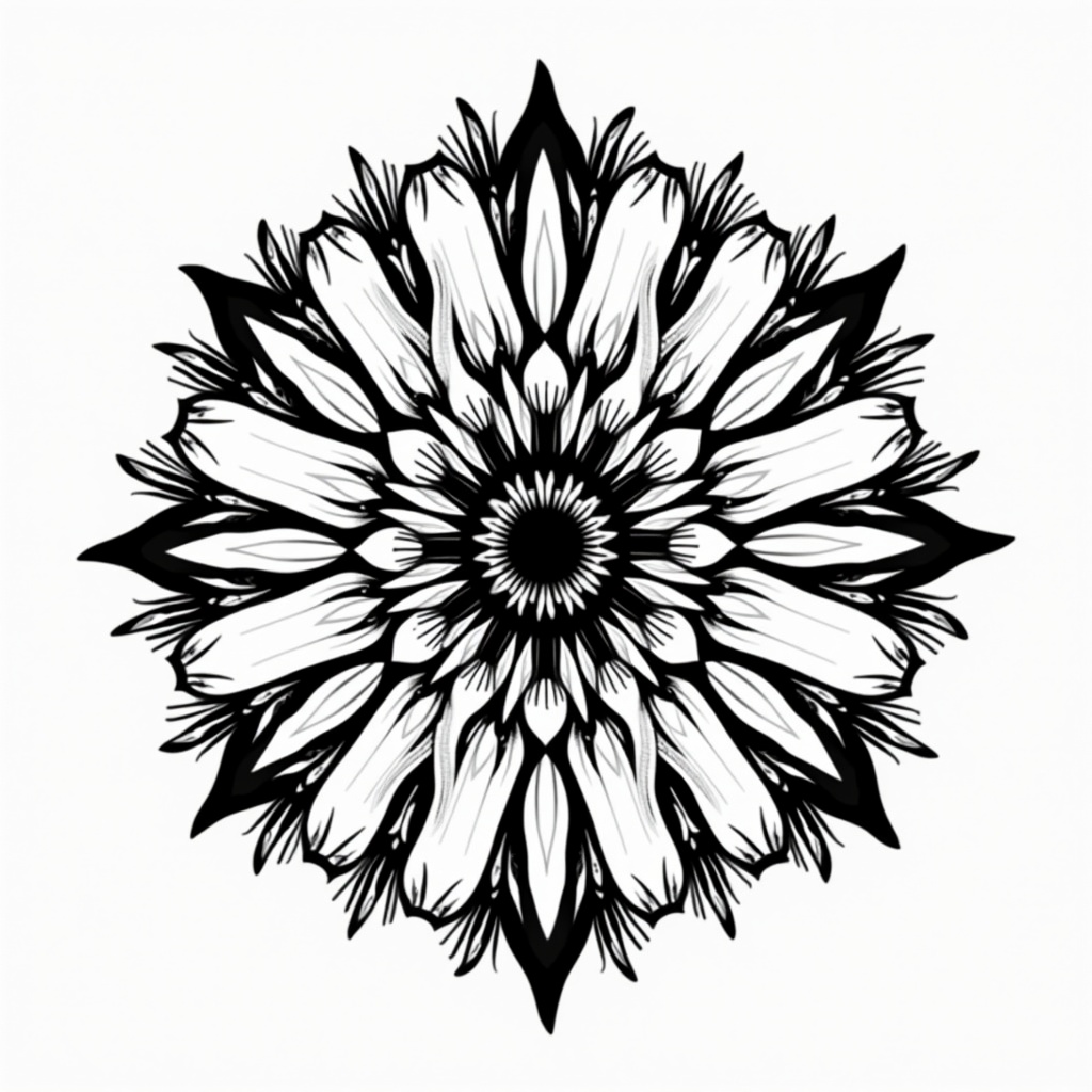 Black and white illustration of a flower in a tribal style. The design is intricate and symmetrical. It features multiple layers and petal-like shapes. The overall appearance is bold and eye-catching.