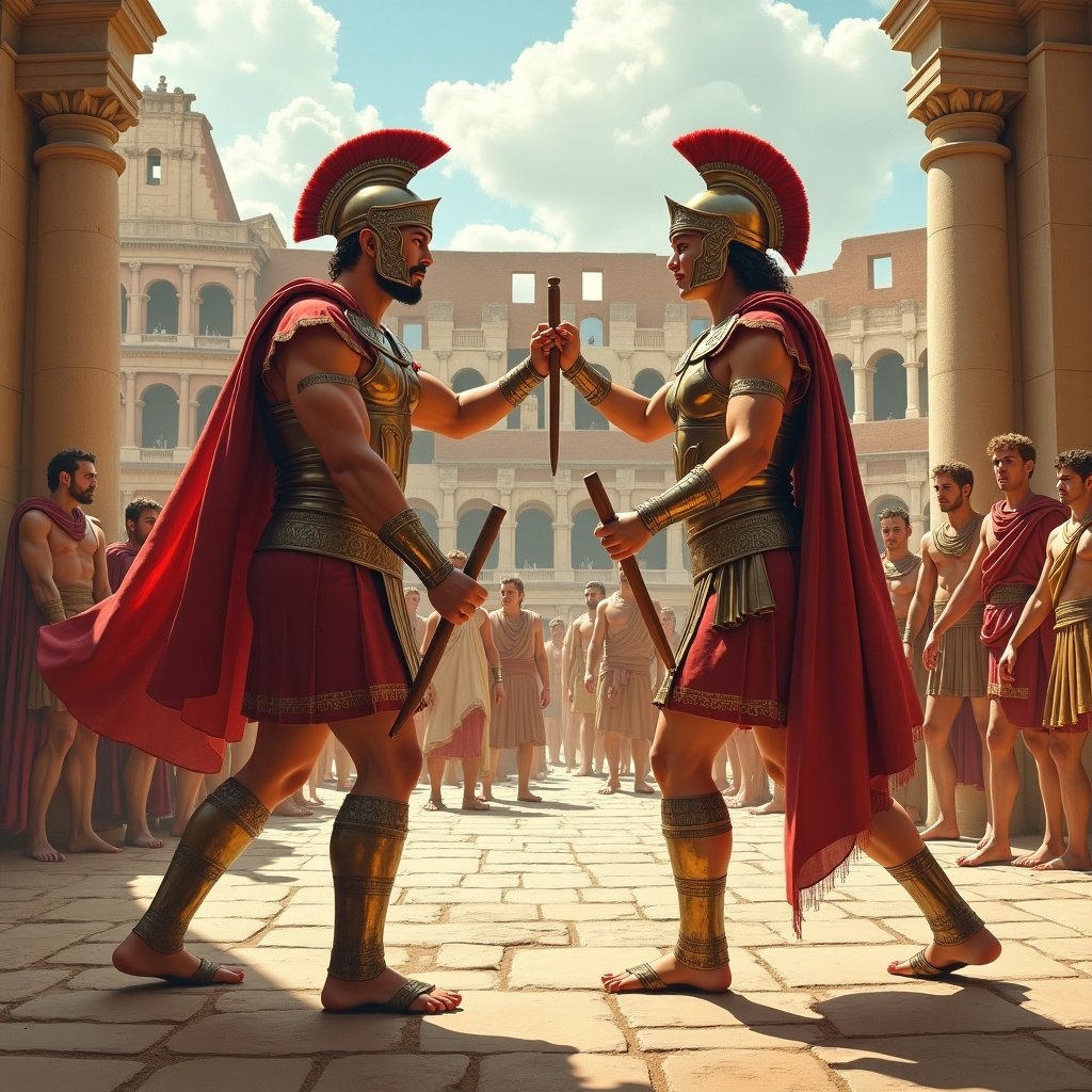 Image of two male gladiators facing each other in a Roman Colosseum. The setting includes an audience of onlookers. Gladiators wear traditional armor and have swords drawn. Bright sunlight bathes the scene. Spectators observe from the stands.