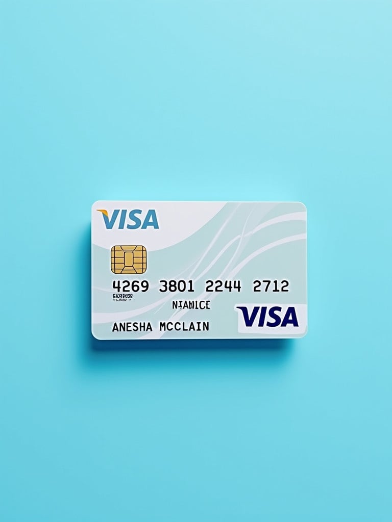 Realistic image of a Visa credit Card. Visa logo is prominent. Card number 4269 3801 2244 2712 is clear. Name shown is Anesha McClain. Expiry date is 06/27. Background is a clean blue color.