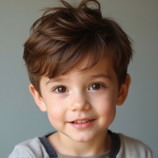 A cute boy with short brown tousled hair looks to the camera. The background is soft and neutral. The child's light smile adds warmth to the image.