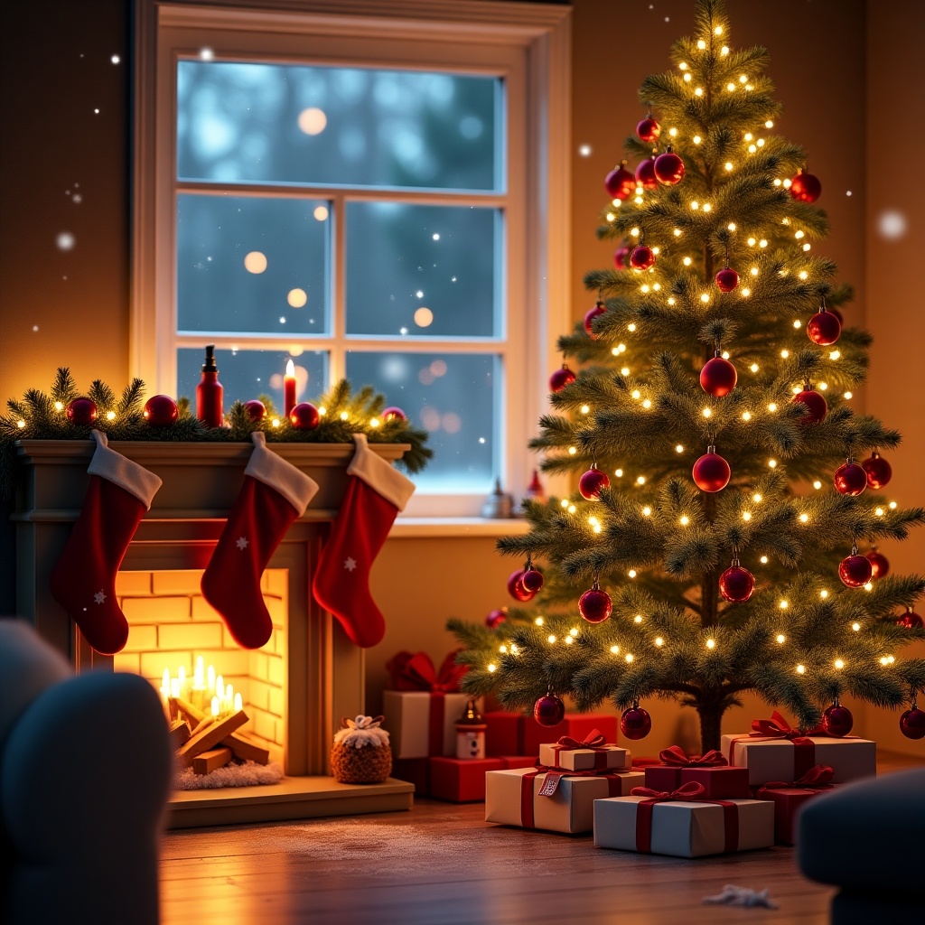 Cozy Christmas scene featuring a decorated tree, warm lighting, stockings, and gifts