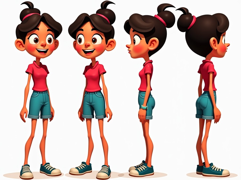 This image showcases a playful character design of a teenage Puerto Rican girl. The character is depicted in the style of Code Name: Kids Next Door, emphasizing vibrant colors and fun proportions. There are five views presented: front, side, quarter, up, and down, highlighting her exaggerated limbs and oversized expressive eyes. The illustration employs bold outlines and flat colors, typical of animated character designs. Overall, this design aims to evoke a sense of joy and playfulness suitable for a young audience.