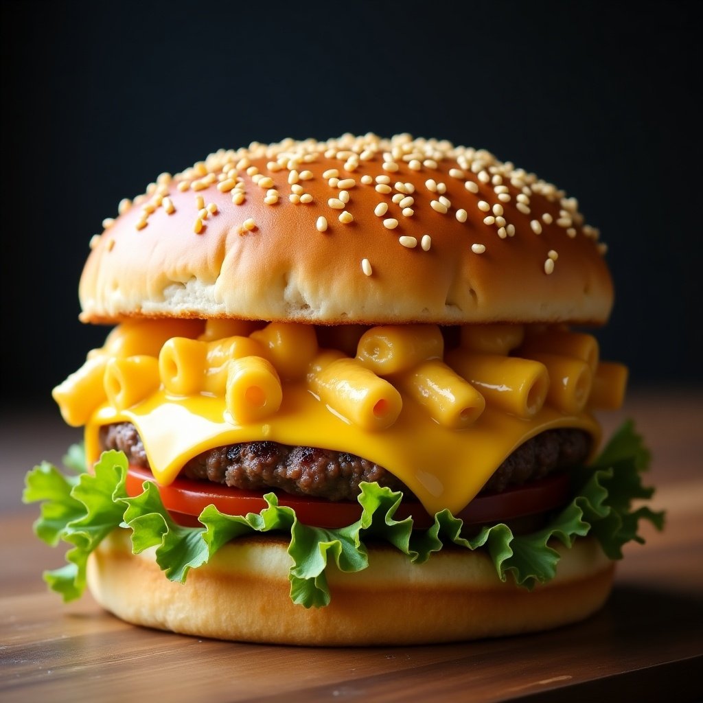 A hamburger features sesame seed bun. Burger topped with macaroni and cheese. Layers of cheddar cheese and fresh lettuce. Contains tomatoes. Appealing close-up shot.