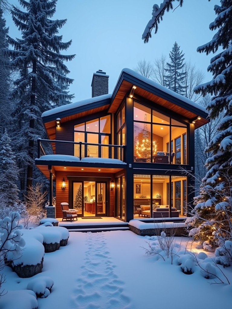 Modern glass home during winter. The house is decorated for Christmas. Snow covers the landscape. Warm lights illuminate the interiors. Trees surround the house.