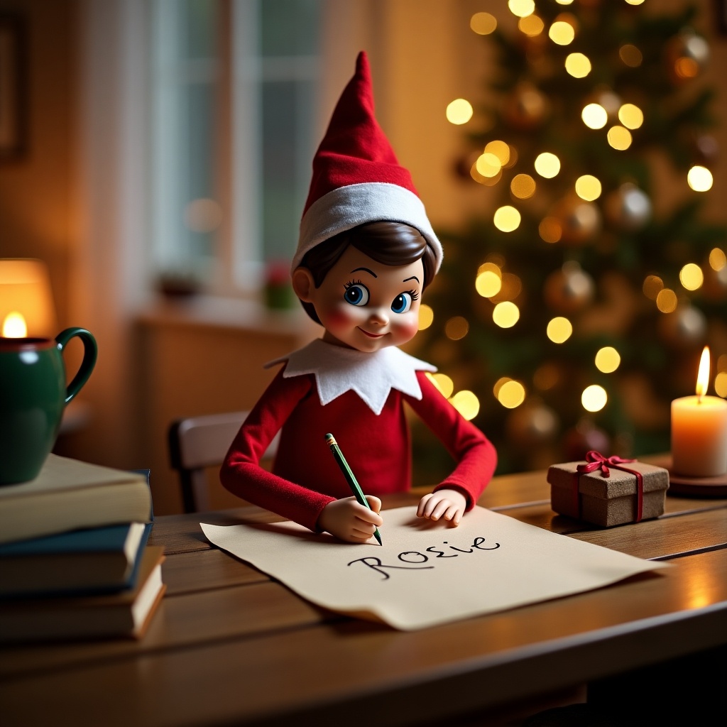 An elf on the shelf is depicted sitting at a table, concentrating as it writes the name 'Rosie' on a piece of paper. The setting features warm and inviting elements, such as a cozy room with a book and a candle. The elf is dressed in a classic red outfit with a playful hat. In the background, soft lighting adds a festive feel to the scene. This image captures the spirit of Christmas and the magic of holiday traditions.