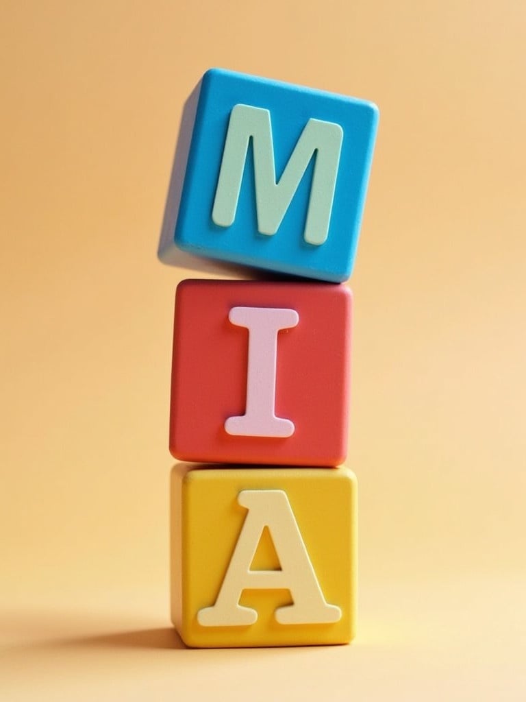 Three cubes stacked with letters M I A. Colors are blue red pink yellow. Cube texture is smooth and glossy. Background is soft pastel.