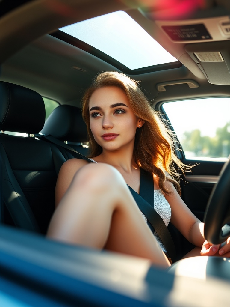 The image captures a young woman sitting in the driver's seat of a car, gazing thoughtfully outside. Sunlight filters through the sunroof, illuminating her hair and highlighting her relaxed demeanor. The setting suggests a calm and introspective moment during a day drive.