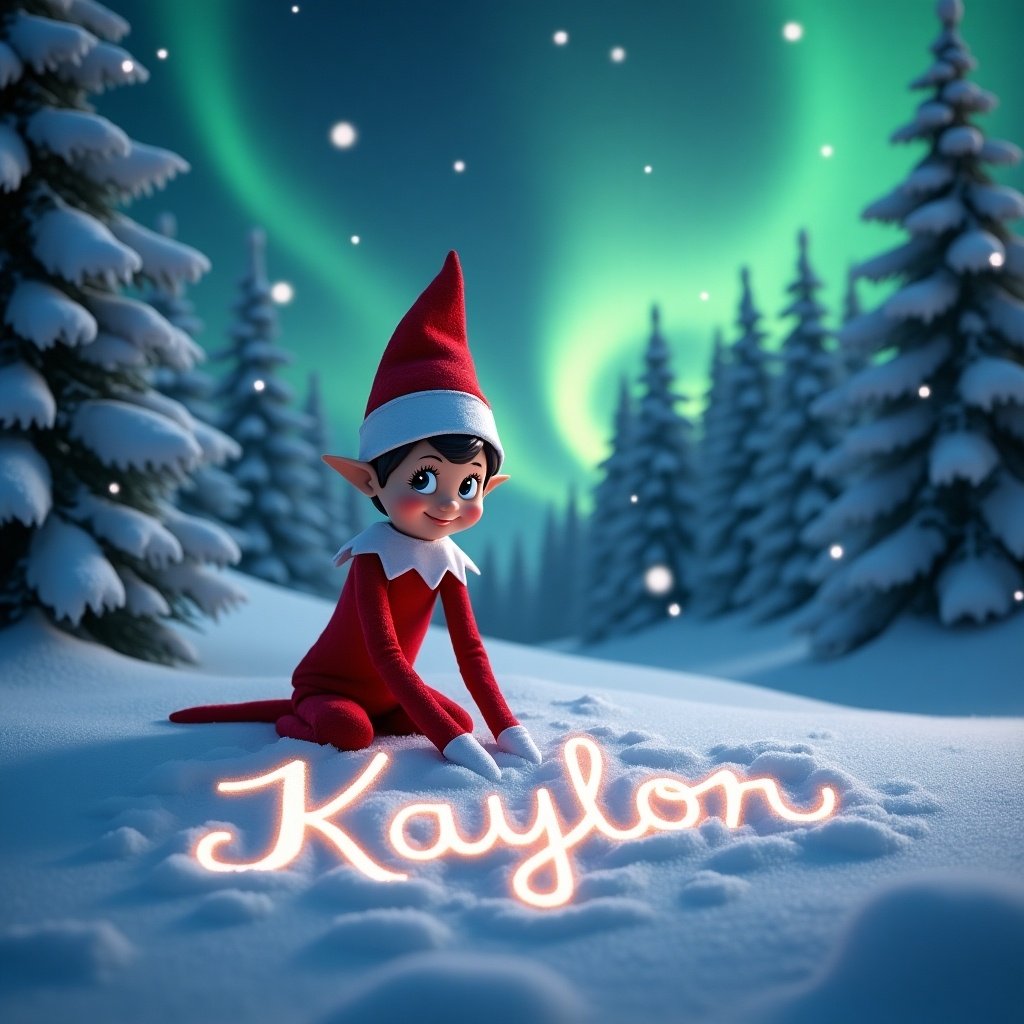 Animated elf in snow. Elf wears red outfit. Elf writes name 'Kaylor' in cursive snow. Magic lights illuminate name. Northern lights in night sky. Snow-covered pine trees frame scene. Holiday charm and spirit.