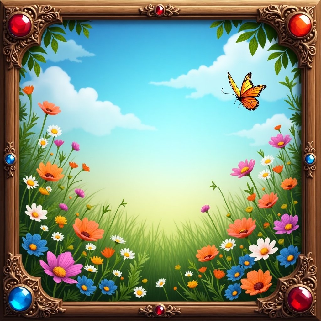 Illustration of a colorful meadow with butterflies and flowers under a blue sky. Features an ornate frame with decorative gems, wood texture, and intricate designs. Center space is empty for customization. Ideal for fantasy or adventure game backgrounds.