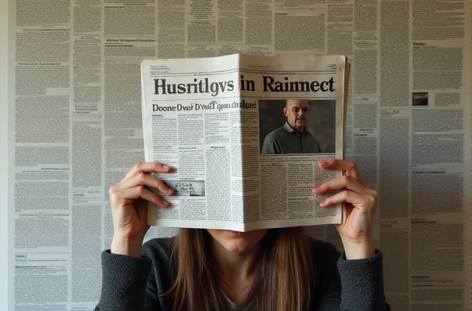 A person with long hair is holding a newspaper in front of their face, obscuring their identity.