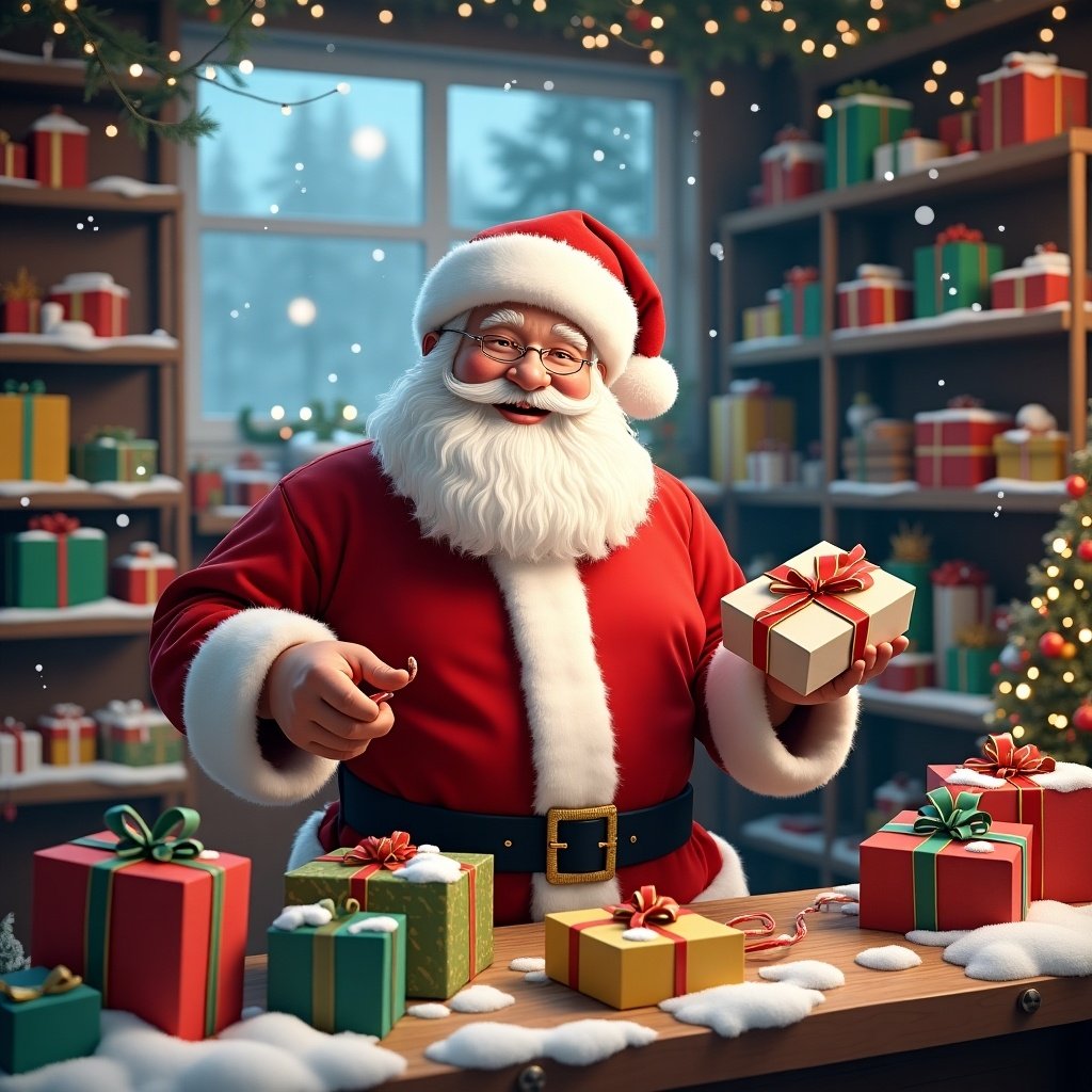 Santa Claus works in a cozy room filled with colorful gifts. He wears a classic red suit and a joyful expression. The setting has warm lighting, creating a festive mood.