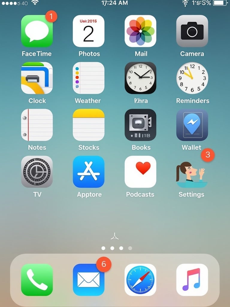 iPhone home screen displaying various app icons. Key apps like FaceTime Photos Mail and Settings are visible. Bottom dock includes Safari Phone and Messages. Background features a gradient. Visual contrast enhances icons.