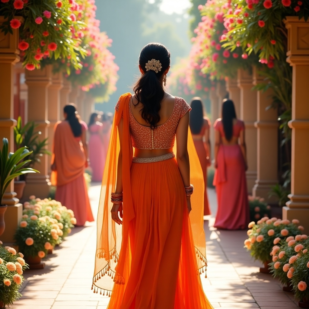 A stunning young woman in an elegant orange skirt walks through a beautifully adorned pathway lined with vibrant flowers. She carries herself with grace and confidence, embodying the essence of Indian beauty. The soft sunlight highlights the intricate details of her attire, creating an enchanting atmosphere. In the background, other women elegantly draped in colorful skirts add to the cultural richness of the scene. This image captures the harmonious blend of tradition and modern elegance, making it a perfect visual representation of Indian heritage.