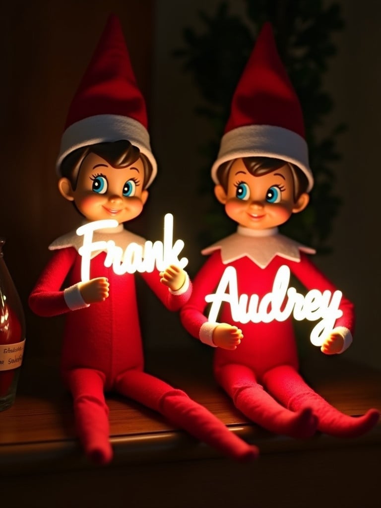 Image features elf on the shelf characters in red and white attire. Elves hold glowing sticks forming names Frank and Audrey. Dark background enhances glow. Creates warm festive atmosphere as a Christmas celebration. Evokes feelings of joy and magic.