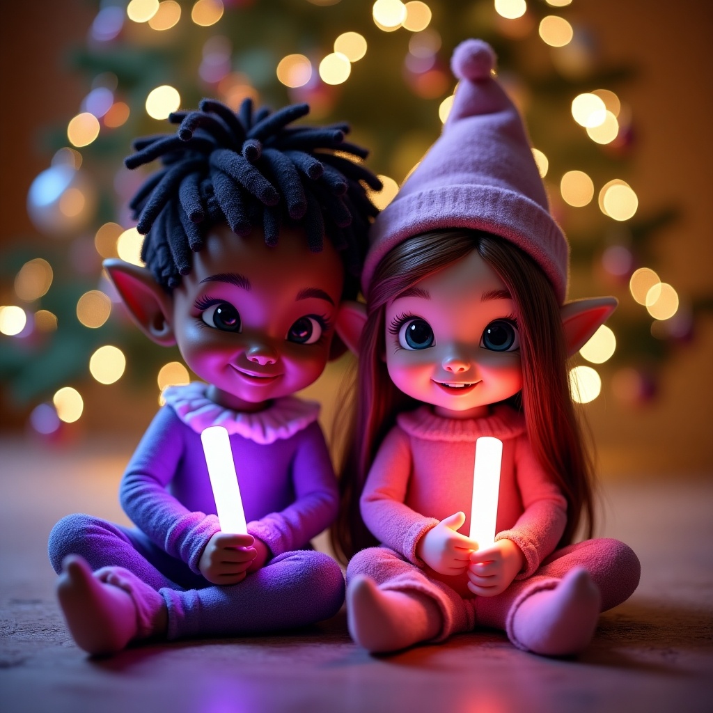 Two girl elves sit in front of a Christmas tree. One has brown skin and short dreadlocks, wearing purple. The other has long brown hair and fair skin, wearing pink. Both hold glowsticks.