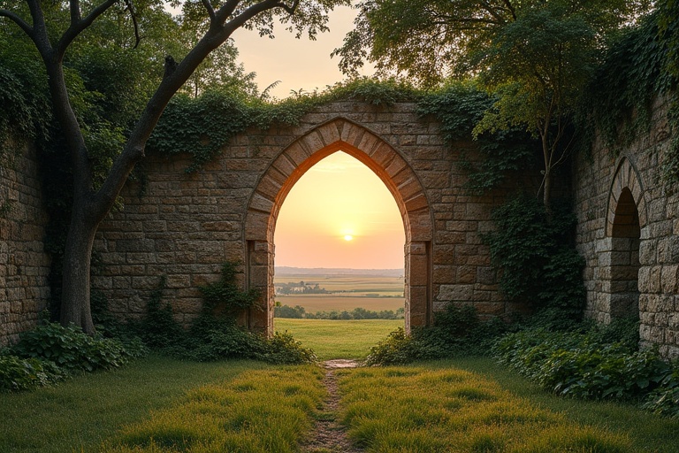 An archaic ruined wall flanked by two large box trees. The crowns of the trees cover the ruins like a tent roof. The ruin is overgrown with wild vines and moss. The stones of the wall are weathered and missing in some places. At the side is a small double arched window. In the background is a wide plain with fields. Evening of a sunny late summer's day. Last rays of sunlight illuminate the top of the wall and leaves. Little vegetation on the ground. Some rays of sunlight hit it.