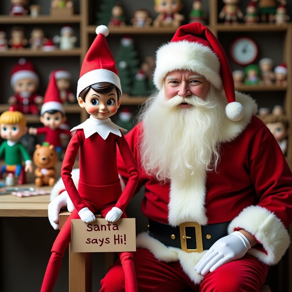 Elf on the shelf in traditional red outfit with white trim and collar; white pompom on the hat; holding a sign that says ‘Santa says Hi’; sitting with Santa in a toy workshop; Funko Pops being made in the background.