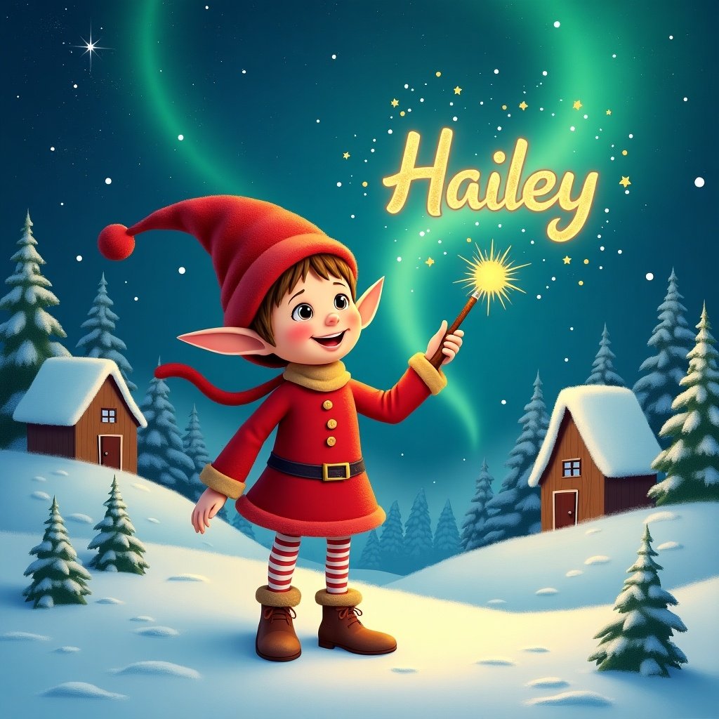 Elf in red outfit with pointed hat holding a sparkling wand. Writing 'Hailey' in the sky. Snowy landscape with charming houses and evergreen trees. Under Northern Lights.