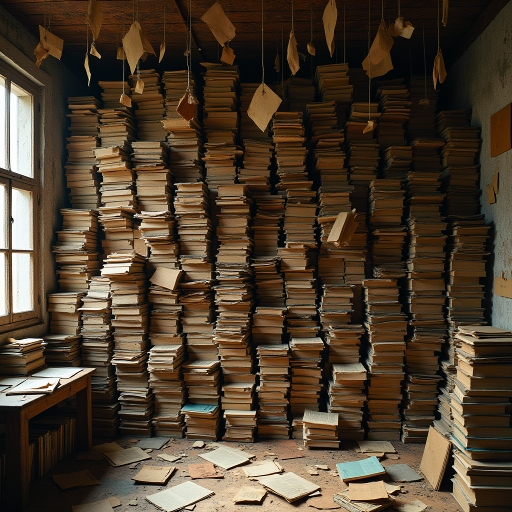 A cluttered library with stacks of old, dusty books piled against the wall and scattered on the floor.