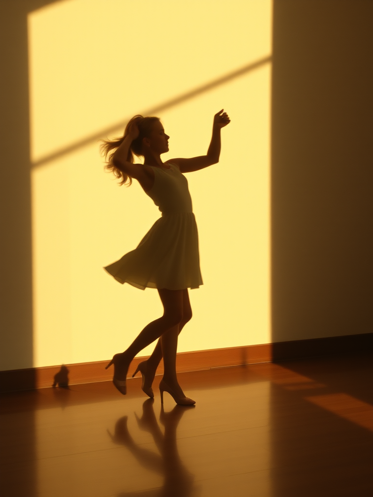 A graceful silhouette of a woman dancing is captured against a warm, golden backdrop. The lighting suggests either a sunrise or sunset, casting long shadows and creating a serene atmosphere. She is poised elegantly on high heels, her dress gently flowing as if caught in motion. Her hair is tied back, emphasizing the fluidity and elegance of her form. The play of light and shadow highlights her figure, adding a dramatic and artistic touch to the composition.