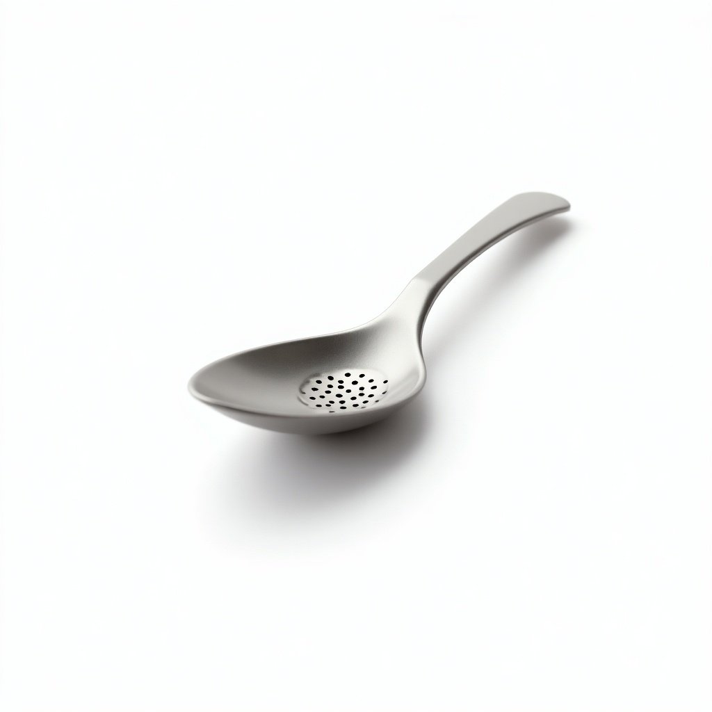 Hyper-realistic image of a traditional metallic spoon with a smooth reflective surface. Elegant handle present. Small kitchen sink strainer embedded in the center of the spoon's bowl. Seamlessly blending design. White background accentuates the spoon's transformation.