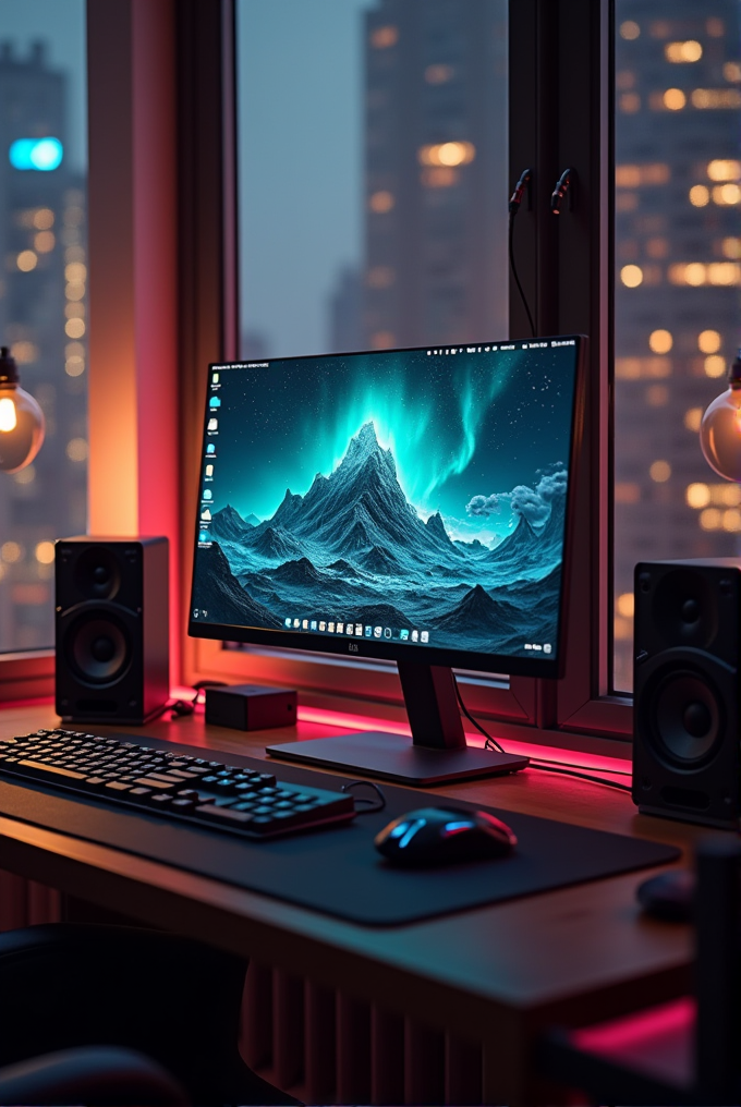 A stylish computer setup with a scenic wallpaper in a room with a view of a cityscape at dusk, illuminated by soft ambient lighting.