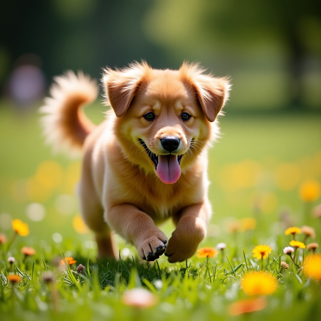 A joyful dog running through a field full of flowers. The sun is shining brightly. The scene is lively and colorful.