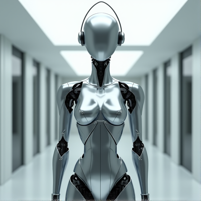 A sleek humanoid robot stands in a modern, minimalistic hallway with a glossy metallic surface and advanced articulation points.