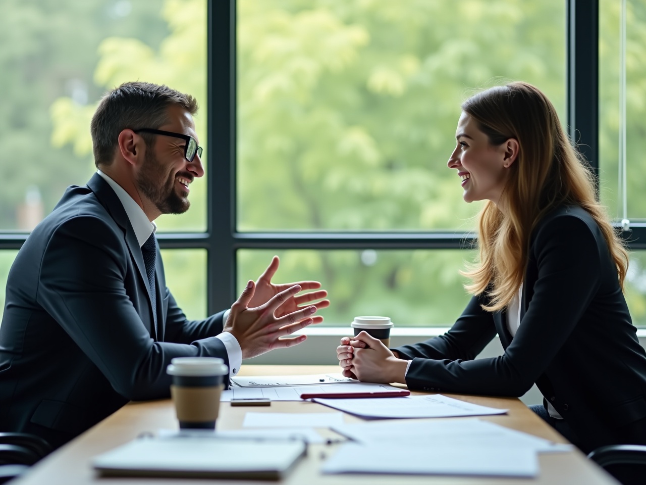 The image depicts two professionals in a meeting, engaged in a lively conversation. They are seated across from each other at a desk with paperwork. Their expressions are friendly and enthusiastic, showcasing a positive dynamic. Natural light illuminates the room, highlighting the greenery outside. The scene conveys a sense of collaboration and teamwork in a corporate setting.