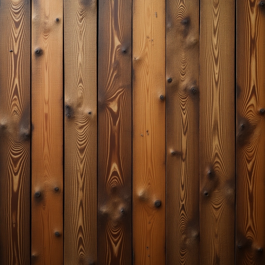 This image showcases a close-up view of wooden planks arranged vertically. The rich brown tones give a warm and rustic feel. The wood has various textures and patterns, highlighting the natural grain. Some planks appear smoother, while others have a weathered look. This versatile wood texture could be perfect for various design projects or as a backdrop.