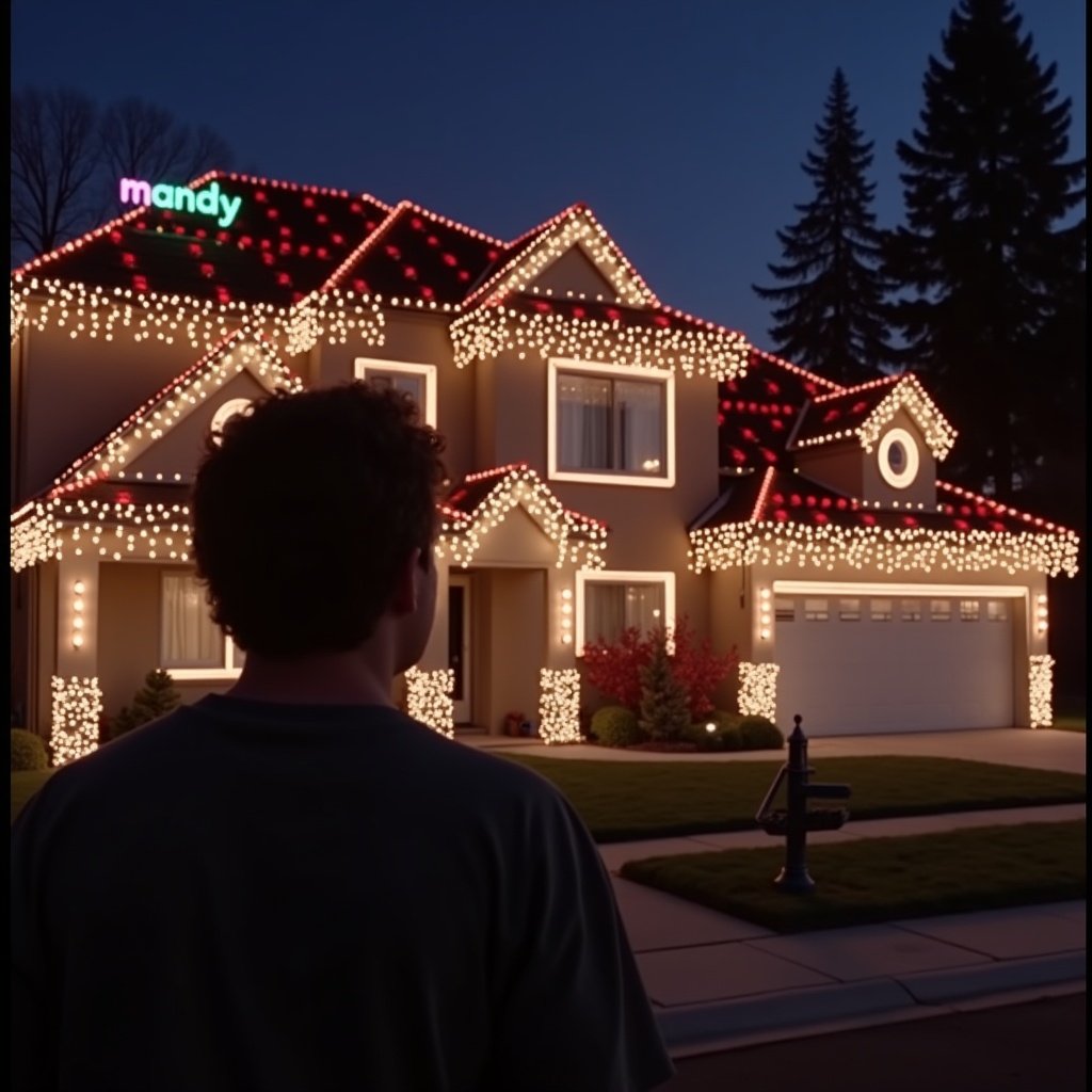 A house covered in colorful Christmas lights. The name 'Mandy' spelled out in lights. A man stands outside looking at the house. Evening scene. Bright decorations.