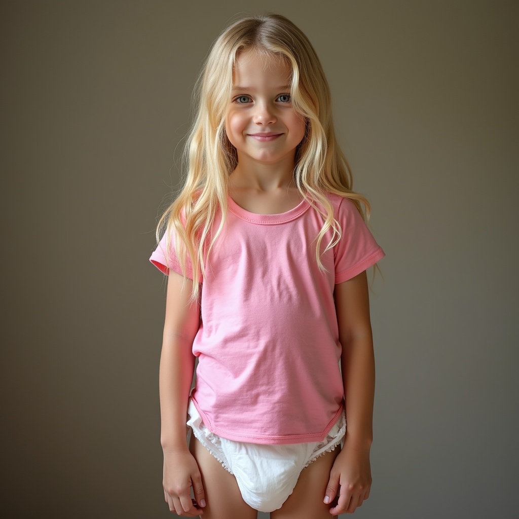 Seven year old girl with long blond hair. She stands in front of a neutral background. She wears a casual pink t-shirt and a diaper. Her expression is sweet and playful.