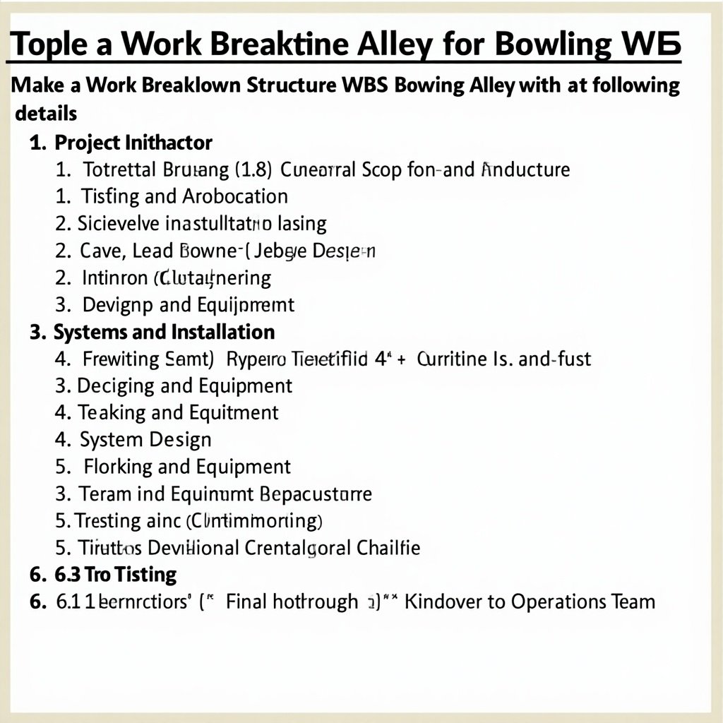 Create a Work Breakdown Structure for a bowling alley project with detailed phases such as project initiation design construction furnishing testing and training. Include sections for project charter stakeholder identification budget development architectural design construction methods and testing protocols.