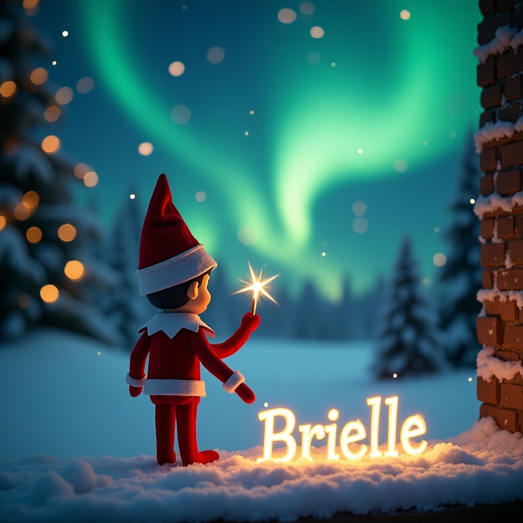 An enchanting Christmas scene features an elf on the shelf dressed in red and white. The elf faces the sky, wielding a magic wand as he writes 'Brielle' in glowing script in the snow. Behind him, the beautiful northern lights illuminate the night sky, adding a magical ambiance. The landscape is adorned with snow-covered trees, enhancing the festive mood. This whimsical portrayal captures the spirit of Christmas and evokes feelings of wonder and excitement for the holiday season.