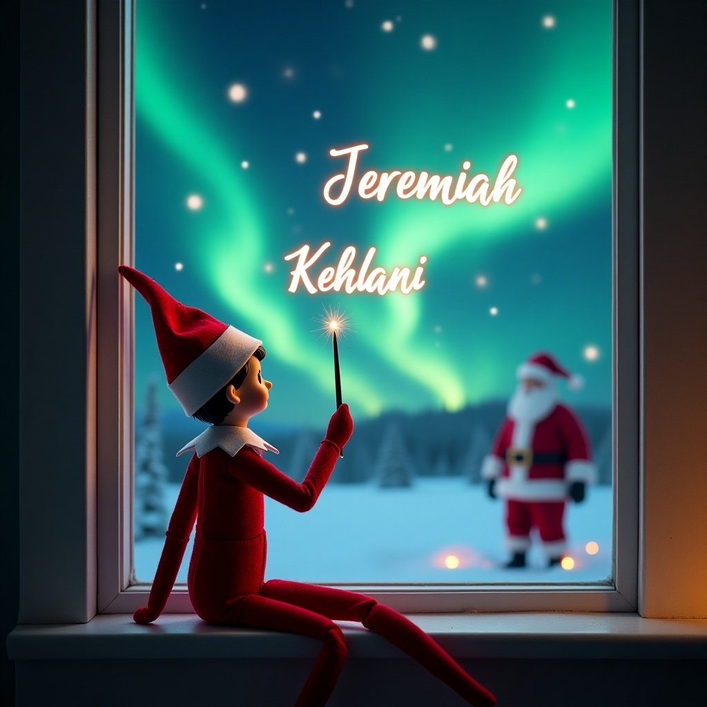 An elf on the shelf sits on a windowsill, facing the magical sky. The elf is dressed in red and white and uses a wand to elegantly write names in the air. Behind him, the night sky is filled with swirling northern lights, and Santa Claus is visible in the background. The words 'Jeremiah,' 'Kehlani,' and 'Jehlani' glow in the sky. It’s a festive and enchanting Christmas scene, evoking joy and wonder.